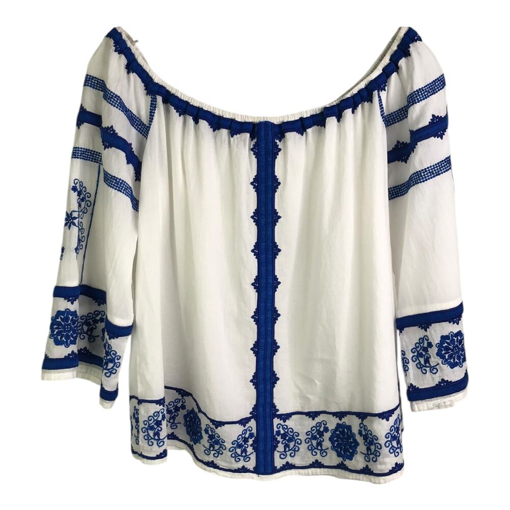 Love Sam Wns Boho Top White One Sz Embroidered Blue Floral‎ Elastic Off Shoulder